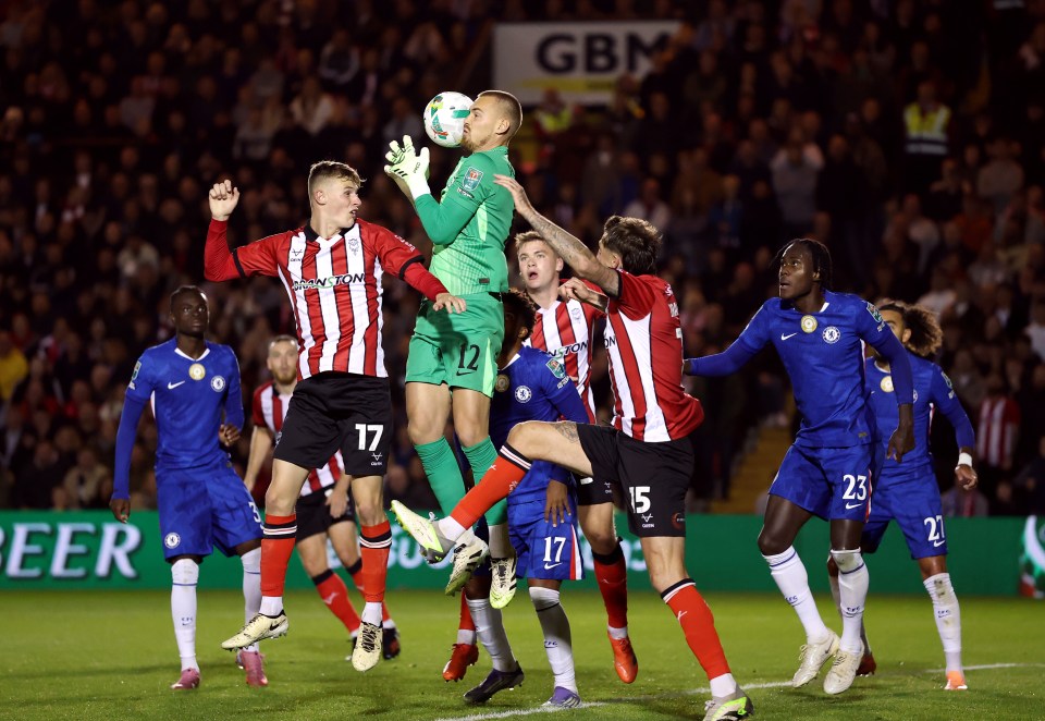 Filip Joergensen of Chelsea catches the ball during the Carabao Cup Third Round match.