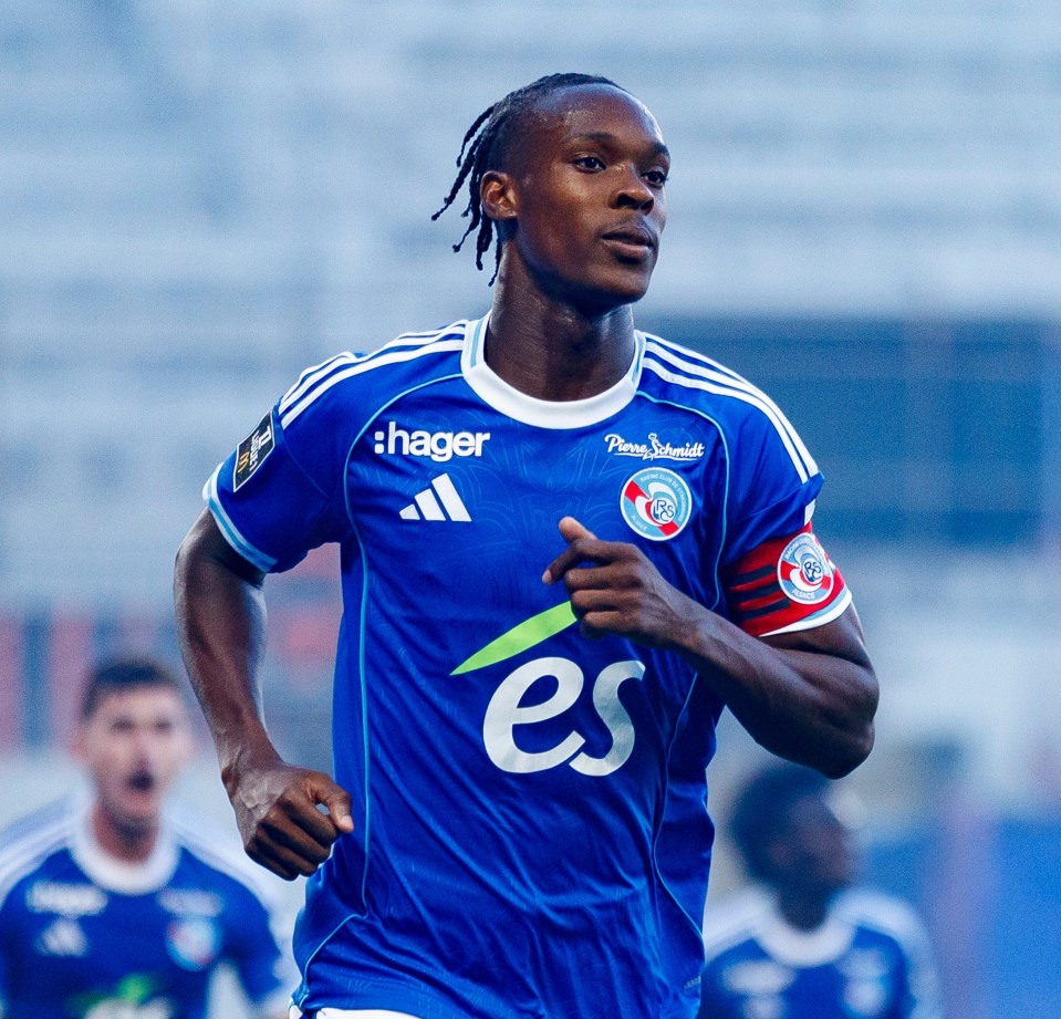 Emmanuel Emegha of RC Strasbourg celebrating a goal.