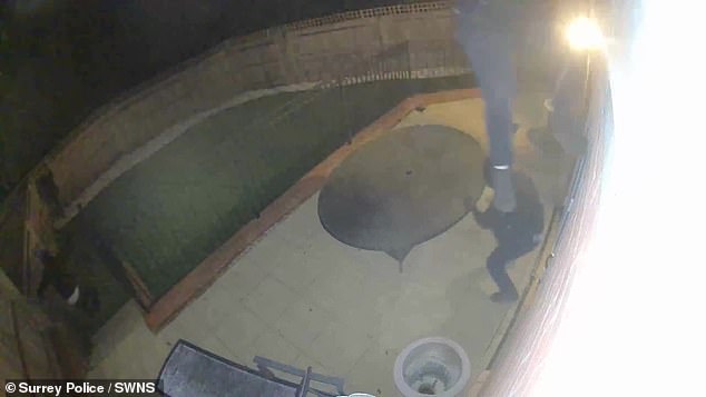 Video footage of one particular incident (pictured) captured the four thieves fleeing from a home by jumping out of a window and clambering over the back fence. Sergeant Deacon said that their arrests brought him 'great satisfaction'