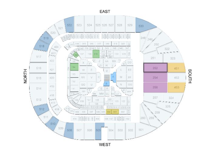 Illustration of a stadium seating chart with highlighted sections on the north, west, east, and south sides.