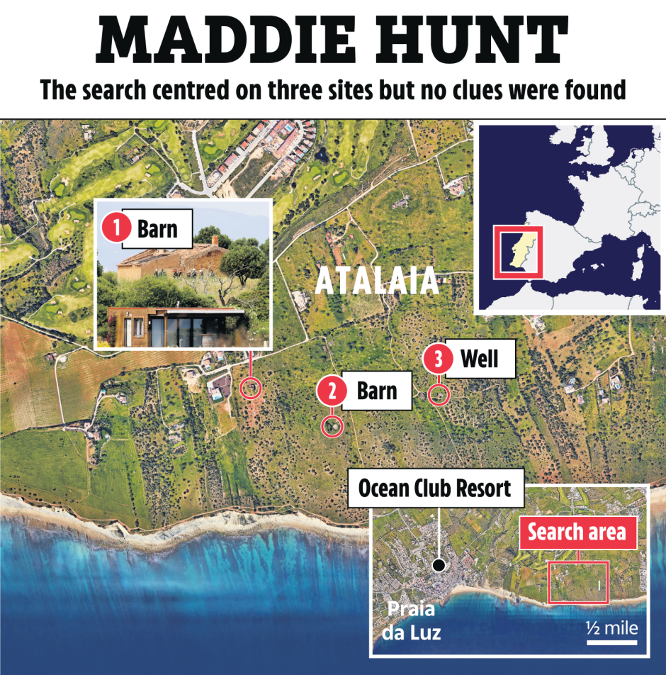 Map of search areas for Maddie Hunt, showing three locations: two barns and a well, near Atalaia and Praia da Luz, Portugal.