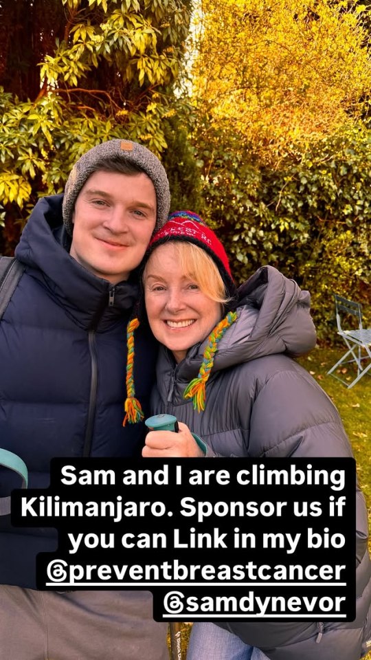 Sally Dynevor and her son Sam announce their Kilimanjaro climb to raise money for breast cancer prevention.