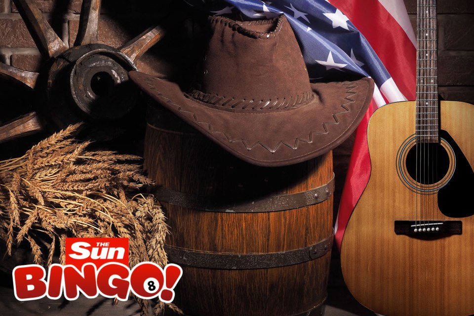 Country music bingo promotion featuring a cowboy hat, acoustic guitar, and American flag.