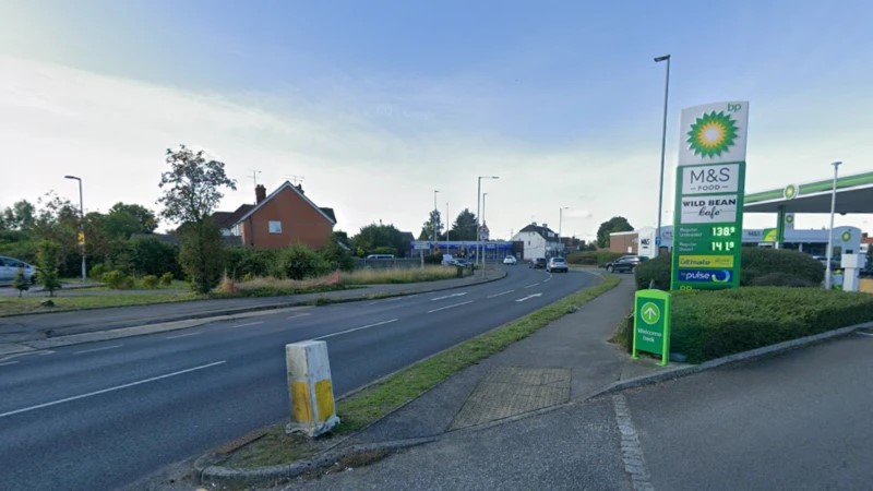 Road with BP gas station and M&S food.