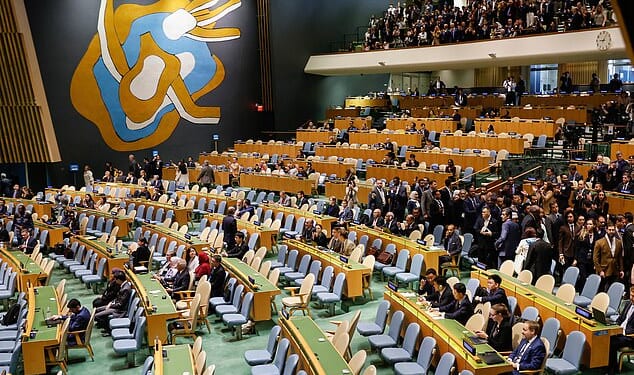 Delegates leave the General Assembly hall as Israeli Prime Minister Benjamin Netanyahu steps up to the podium to speak at the 80th session of the United Nations General Assembly