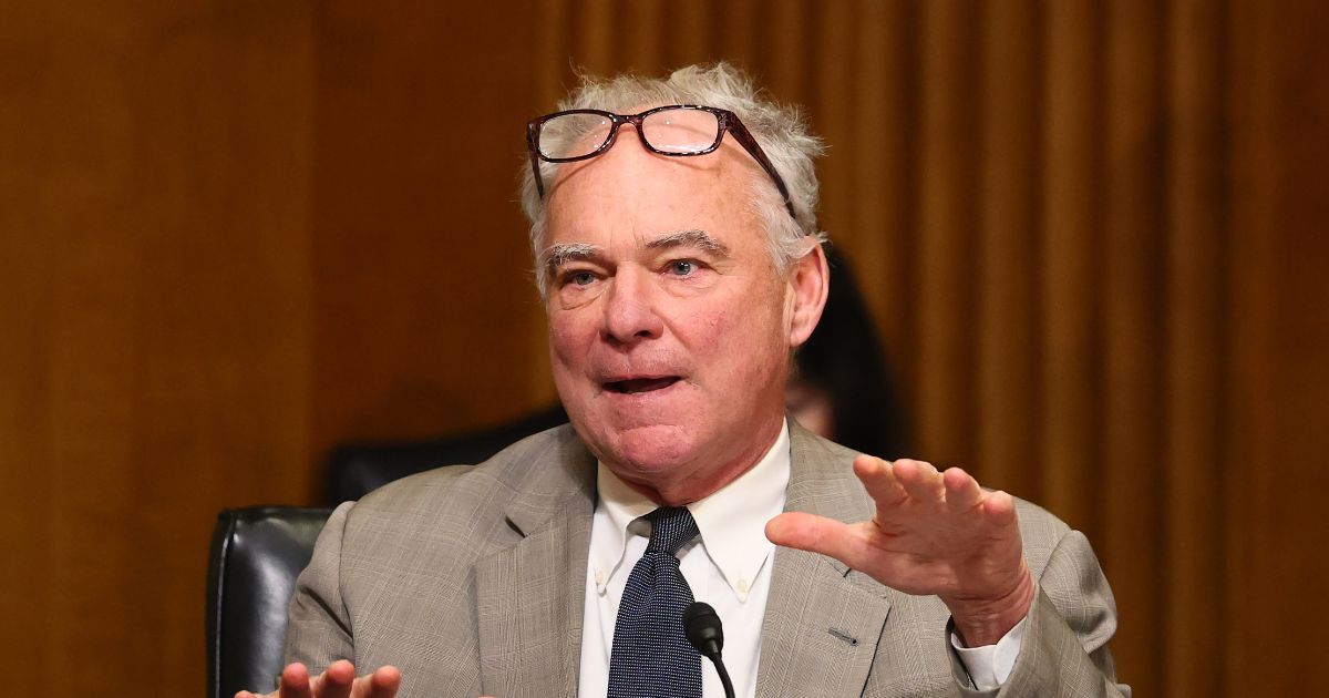Sen. Tim Kaine, a Democrat from Virginia, speaks during a confirmation hearing before the Senate Committee on Foreign Relations in the Dirksen Senate Office Building on July 15, 2025, in Washington, D.C.