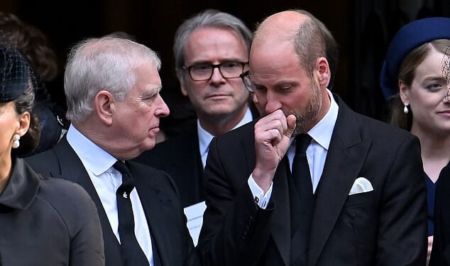The Prince of Wales covered his mouth and appeared to say something to Andrew, which stopped him laughing