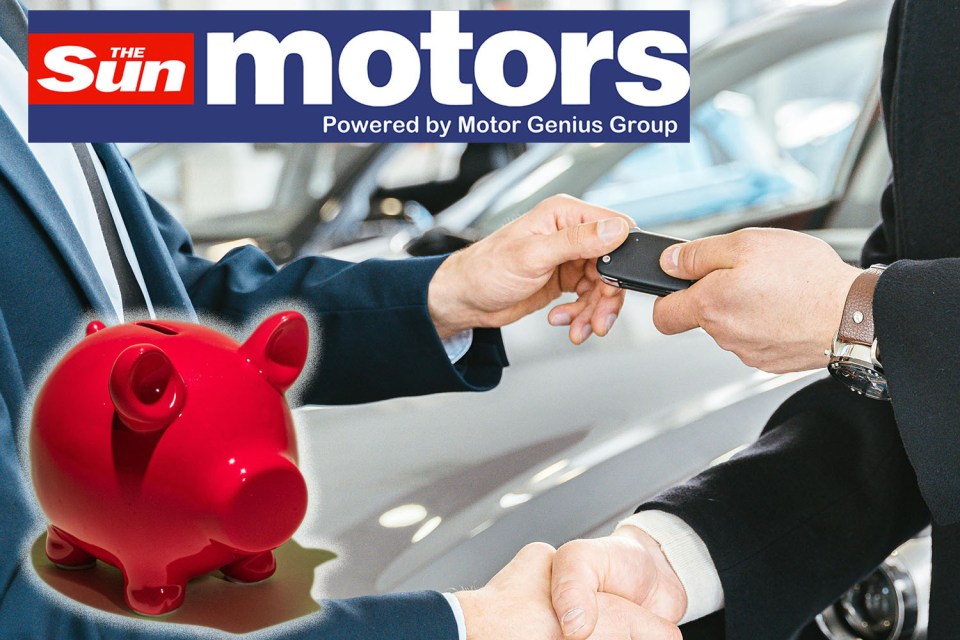 Car keys being exchanged between two people, with a piggy bank in the foreground.