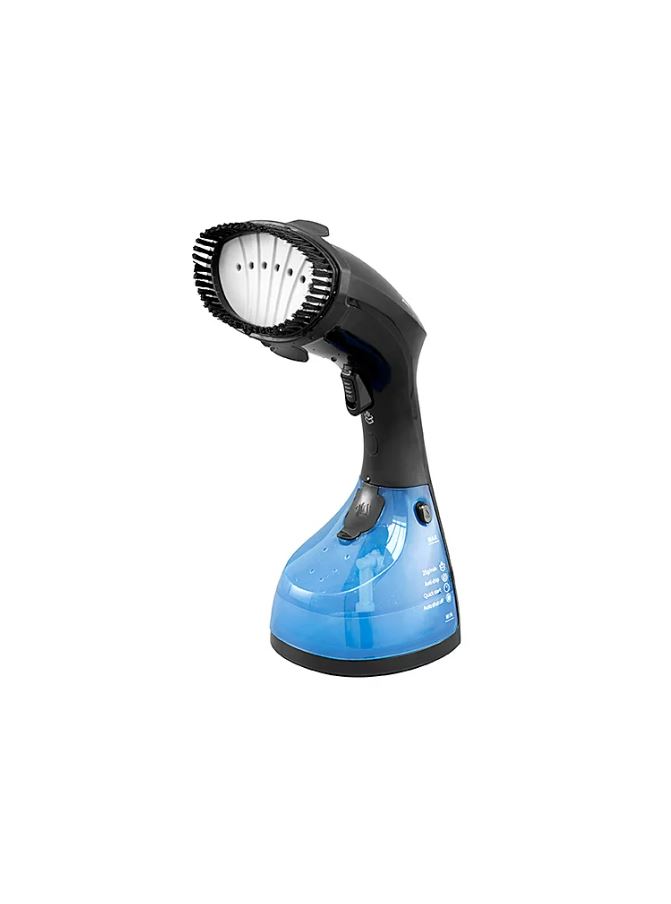 Black handheld garment steamer with a clear blue water tank.
