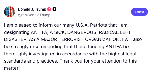 A tweet from Donald J. Trump designating ANTIFA as a major terrorist organization and recommending investigation into its funding.