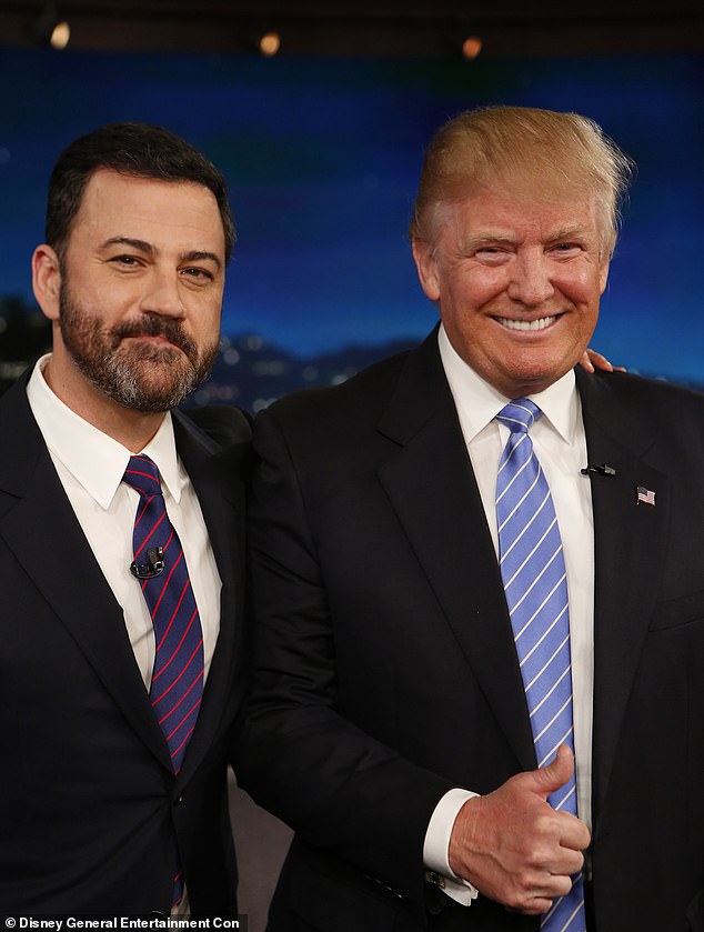 Kimmel, pictured with a then campaigning Trump on his show in 2016, said he once threatened to walk away from the show if he had to turn down his Trump jokes: 'If you want somebody else to host the show, then that’s fine. I’m just not going to do it like that' the liberal TV talker said