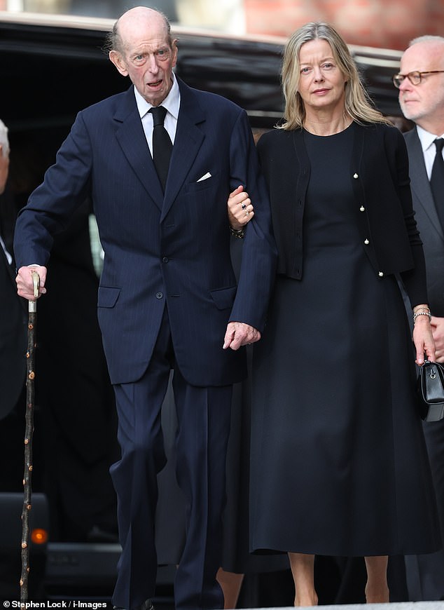 Lady Helen Taylor (pictured, right) is seen attending a vigil for her late mother, the Duchess of Kent, with her father, the Duke of Kent (pictured, left)