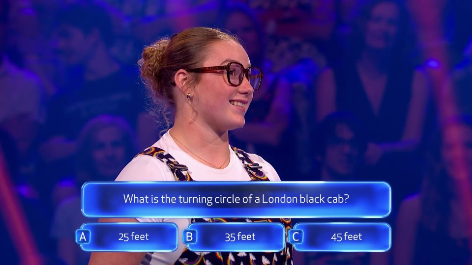 Beat The Chasers contestant answering a question about a London black cab's turning circle.
