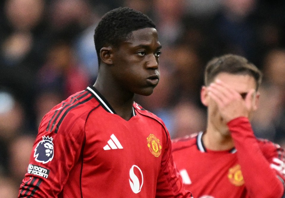 Manchester United's Kobbie Mainoo and Manuel Ugarte react after a goal.