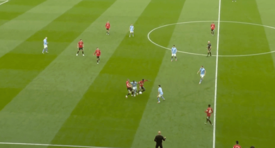 Screenshot of a soccer game in progress.