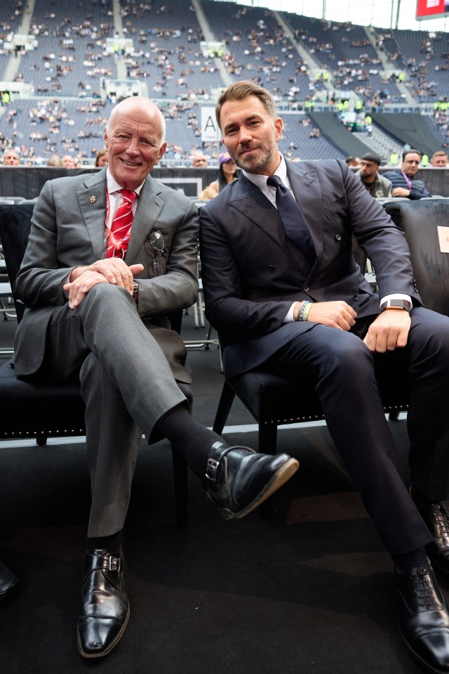 Barry Hearn and his son Eddie Hearn, Chairman of Matchroom Boxing, at Tottenham Hotspur Stadium.