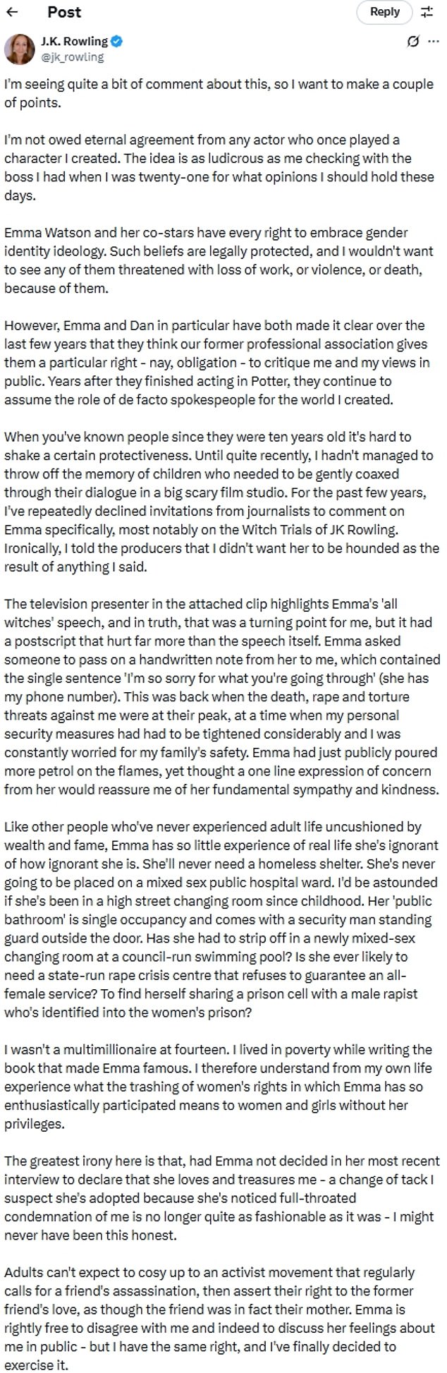 Ms Rowling posted a long statement on X this morning
