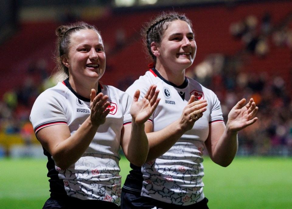 BRISTOL, ENGLAND - SEPTEMBER 19: Canada's Justine Pelletier and Canada's Gillian Boag during the Women's Rugby World Cup 2025 Semi Final match between New Zealand and Canada at Ashton Gate on September 19, 2025 in Bristol, England. (Photo by Bob Bradford - CameraSport via Getty Images)
