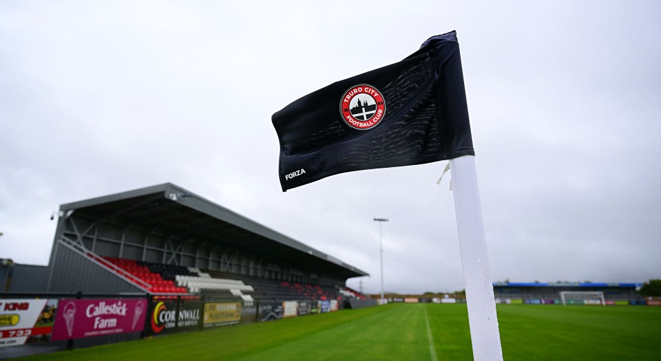 Truro City Football Club corner flag at stadium.