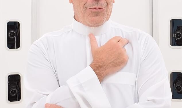 Billionaire paedophile Jeffrey Epstein had young female models pose to be turned into hand-crafted pieces for a chessboard that featured him as the king. Pictured: Epstein dressed in a white robe posing as a king for his chessboard