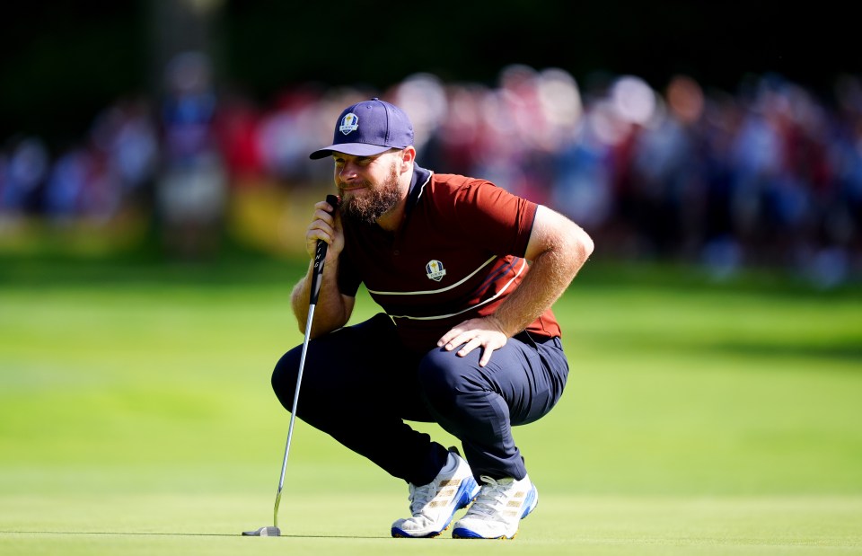 Tyrrell Hatton of Team Europe on the golf course during the Ryder Cup.