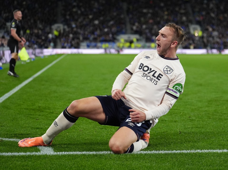 West Ham United's Jarrod Bowen celebrating scoring his side's first goal.