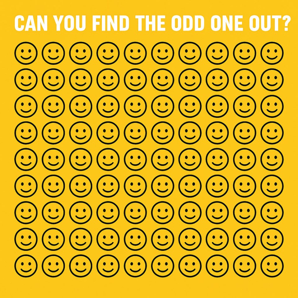 Illustration of a grid of smiley faces on a yellow background, with one frowny face.