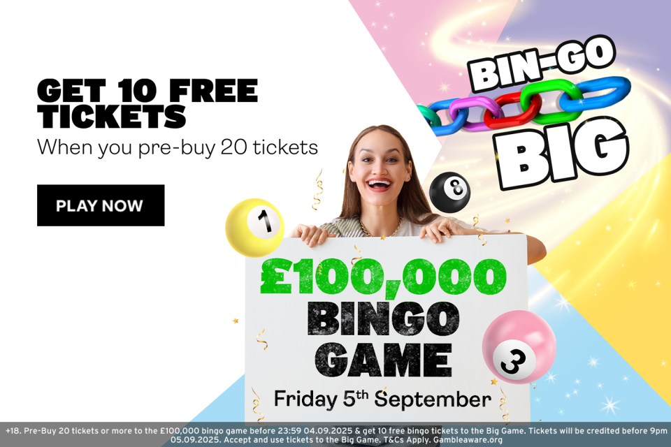 Advertisement for a £100,000 bingo game: get 10 free tickets when you pre-buy 20.