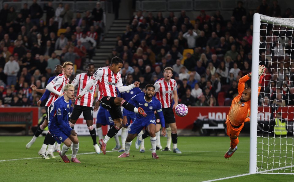Fabio Carvalho of Brentford scores a goal during the match against Chelsea.