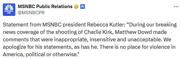 After Dowd's remarks, MSNBC president Rebecca Kutler apologized without announcing any repercussions for the analyst