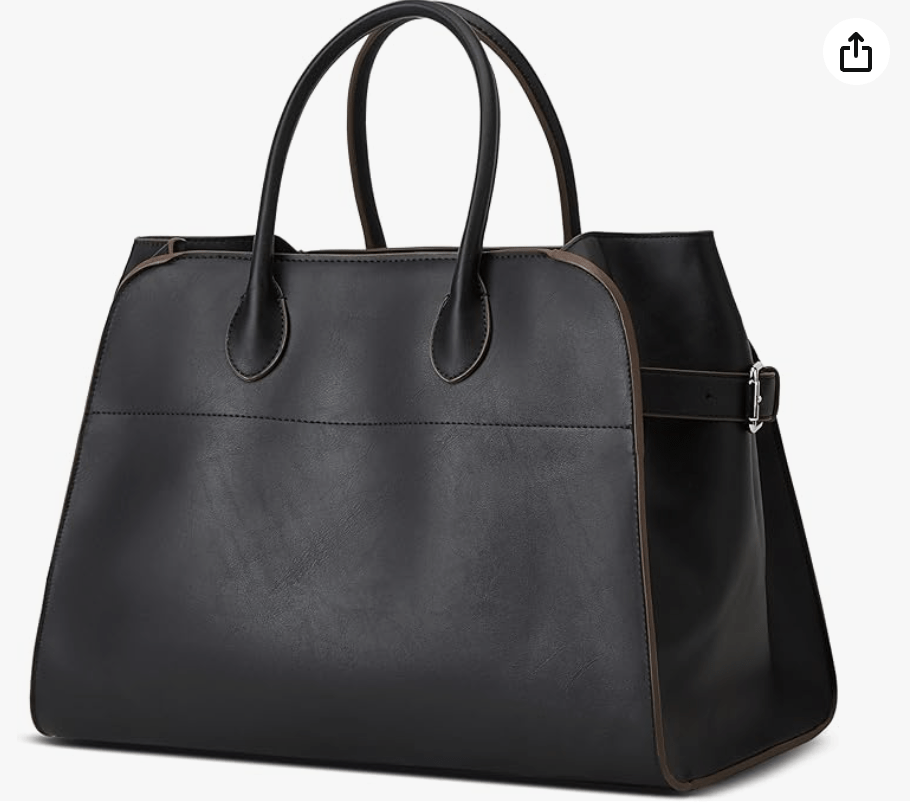 Black leather tote bag with brown trim.