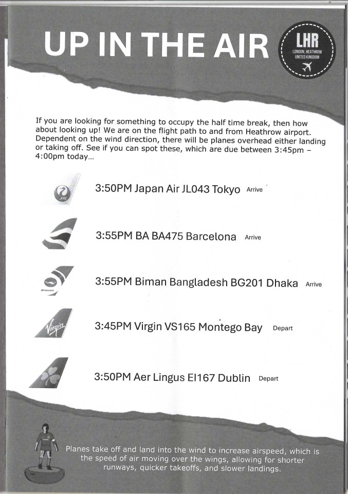A plane spotting schedule from Heathrow Airport for a half-time entertainment feature at Windsor & Eton FC.