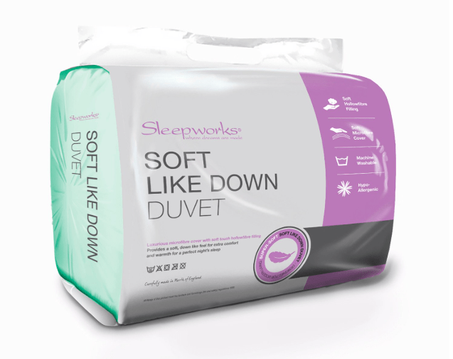 Sleepworks Soft Like Down Duvet packaging, featuring product information like "Soft Hollowfibre Filling," "Soft Microfibre Cover," "Machine Washable," and "Hypo-Allergenic."