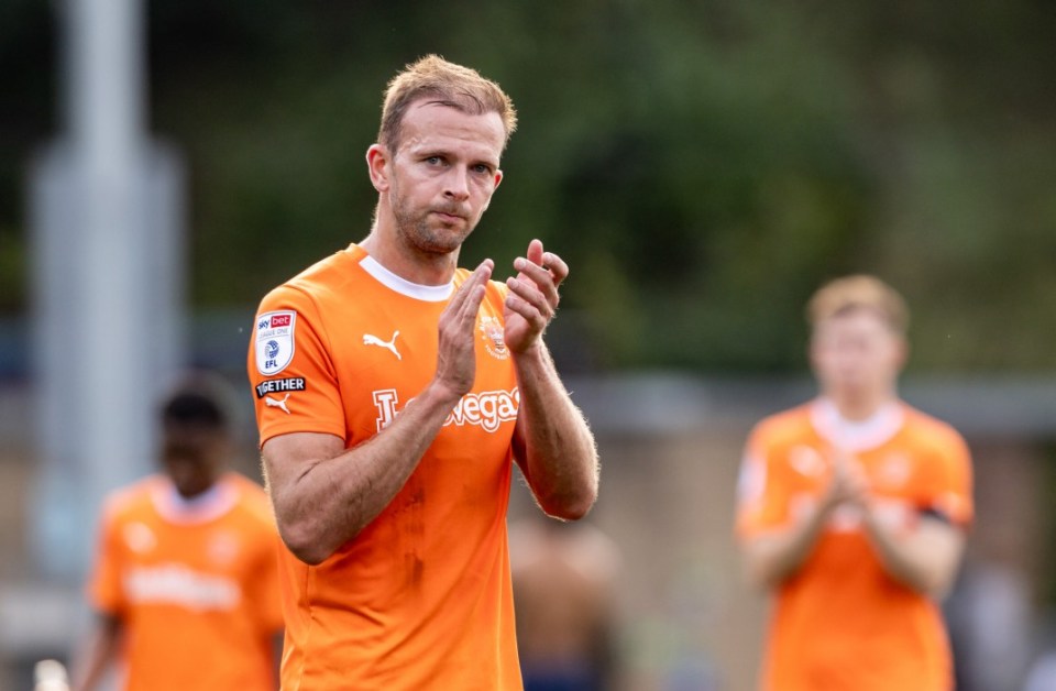 HIGH WYCOMBE, ENGLAND - SEPTEMBER 16: Blackpool's Jordan Rhodes applauds his side's travelling supporters at the end of the match  during the Sky Bet League One match between Wycombe Wanderers and Blackpool at Adams Park on September 16, 2023 in High Wycombe, England. (Photo by Andrew Kearns - CameraSport via Getty Images)