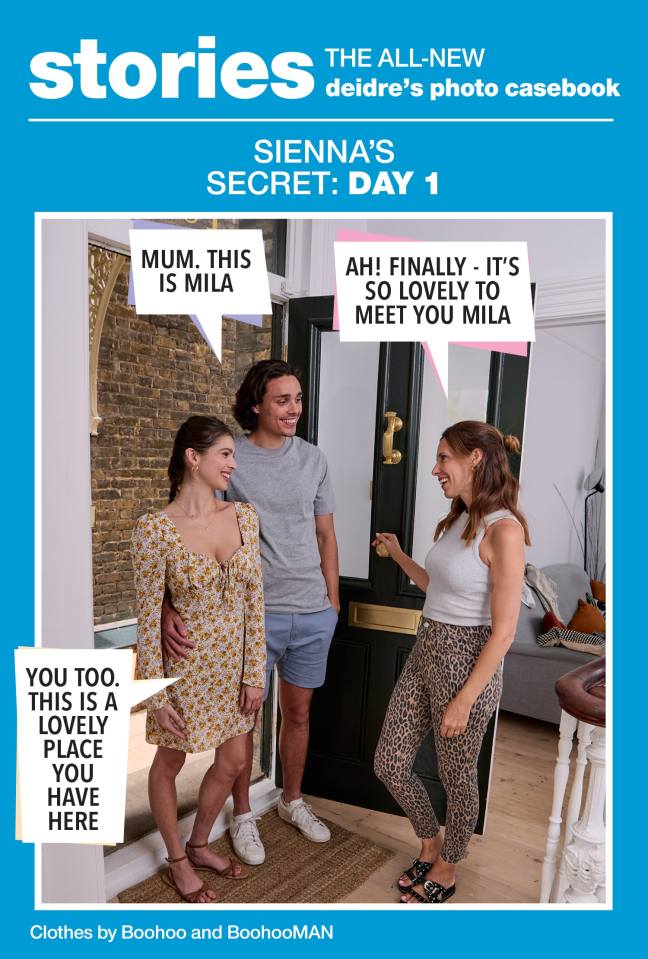 A man introduces a woman as Mila to his mother at the front door.