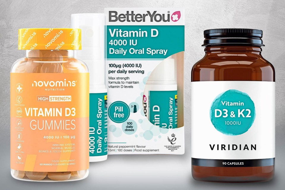 Three vitamin D supplements: gummies, oral spray, and capsules.