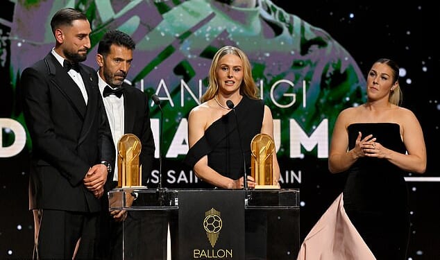 Mary Earps (right) watched on as the goalkeeper who usurped her, Hannah Hampton (second from right) won the Lev Yashin trophy for best female stopper in the world. Gianluigi Donnarumma (left) was also given the men's prize by Gianluigi Buffon (second from left)