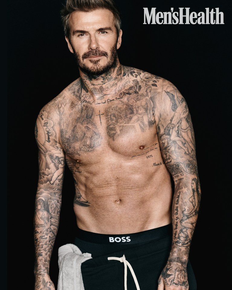 David Beckham, heavily tattooed, posing for Men's Health magazine.