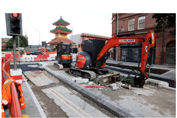 Road construction with two excavators.