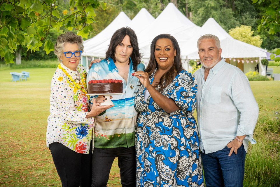 Photo of Prue Leith, Noel Fielding, Alison Hammond, and Paul Hollywood from The Great British Bake Off.