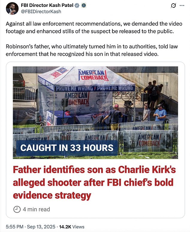 Patel appears to be feeling the heat and tweeted how authorities were able to capture the alleged shooter within 33 hours of the incident with his 'bold strategy' praised