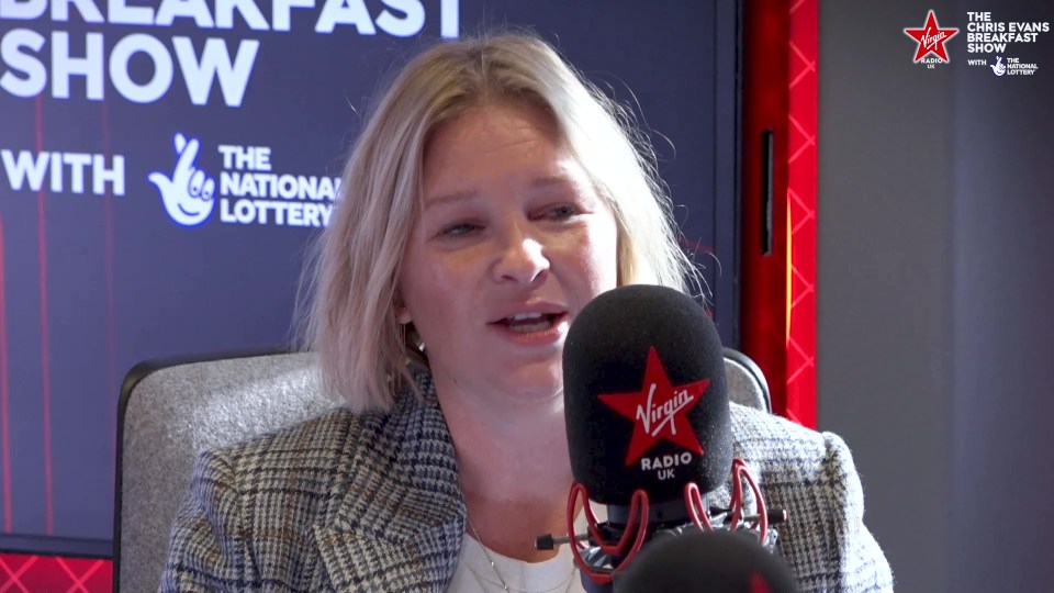 Joanna Page speaking into a Virgin Radio UK microphone on The Chris Evans Breakfast Show.