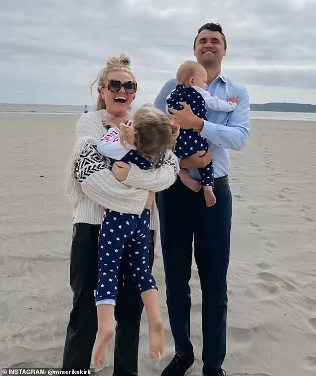 Kirk, 31, (pictured with his wife Erika and their two children) was fatally shot in the neck Wednesday while speaking at his own event. He was addressing a large crowd when a single shot rang out at around 12.20pm local time