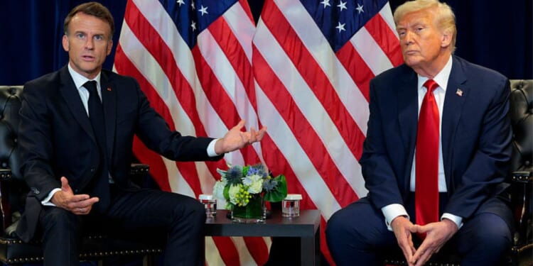 French President Emmanuel Macron , left, speaks Tuesday during a bilateral meeting with President Donald Trump at the 80th session of the UN’s General Assembly at the United Nations headquarters in New York City.