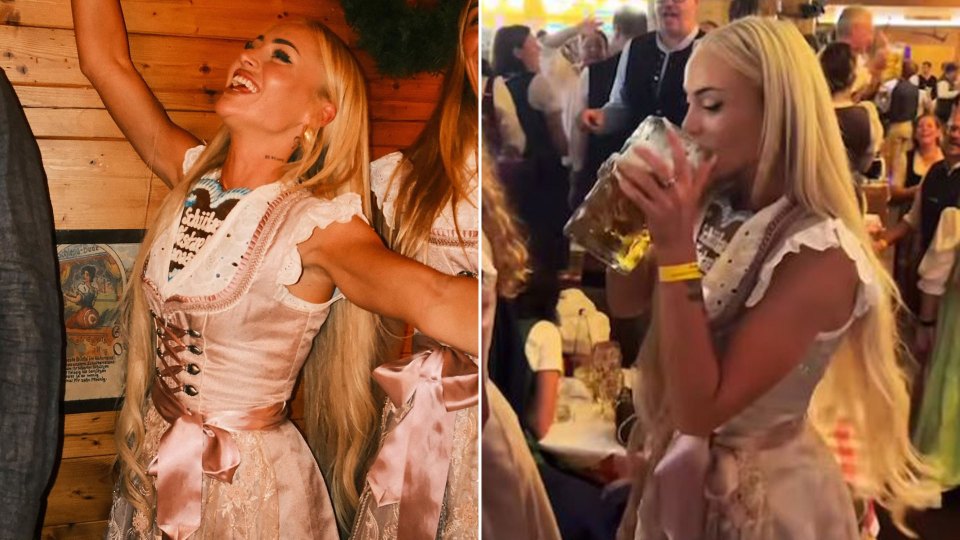 Collage of a woman in a dirndl, one image shows her laughing with arms raised, and the other shows her drinking from a large stein.