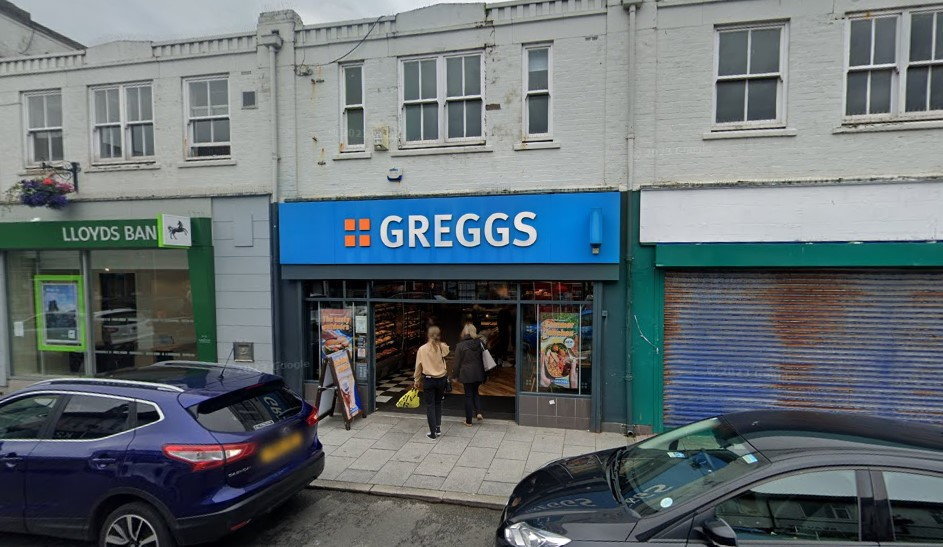 The exterior of a Greggs bakery in Workington, Cumbria.