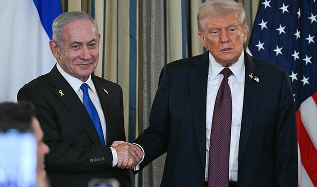 US President Donald Trump (pictured, right) and Israeli Prime Minister Benjamin Netanyahu (pictured, left) shake hands at the conclusion of a joint press conference in the State Dining Room of the White House in Washington, DC on September 29, 2025