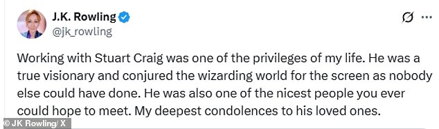 JK Rowling paid tribute to him as she penned on X: 'Working with Stuart Craig was one of the privileges of my life'