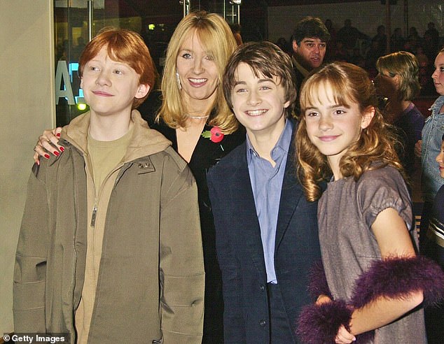 The Harry Potter star, 35, who played Hermione Granger in the movie franchise, has previously hit out at J.K. Rowling and relations between the author and actors have been frosty for years (J.K. Rowling with actors, Daniel Radcliffe, Rupert Grint and Emma Watson pictured)