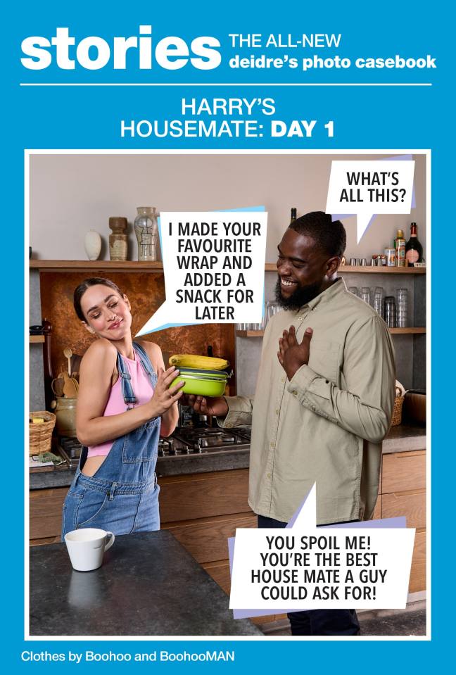 Illustration of a woman giving a man a packed lunch, with speech bubbles showing their conversation.